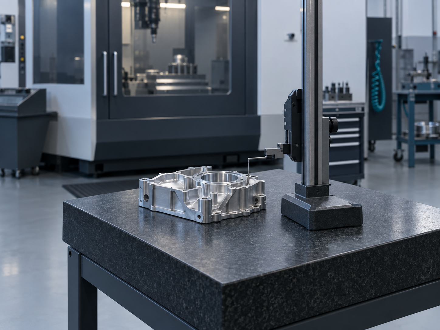A height gauge column on a granite surface plate beside a machined aluminium housing in a machining cell