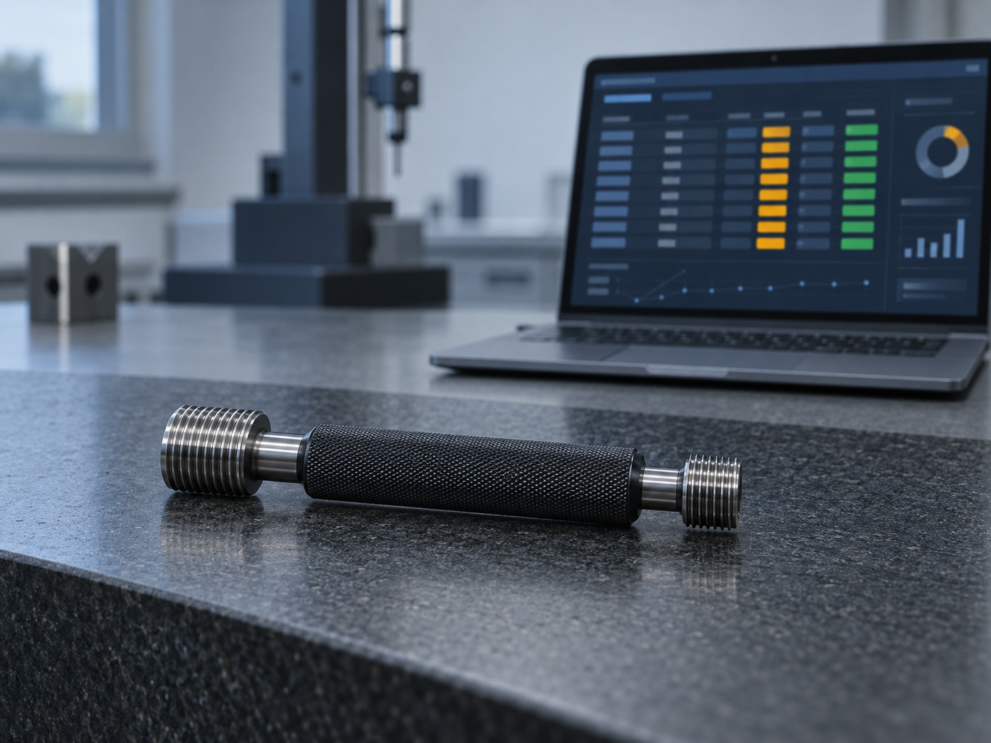 A thread plug gauge on a granite surface plate in a metrology room, with a laptop behind it showing a dashboard where one column of status blocks is highlighted in amber