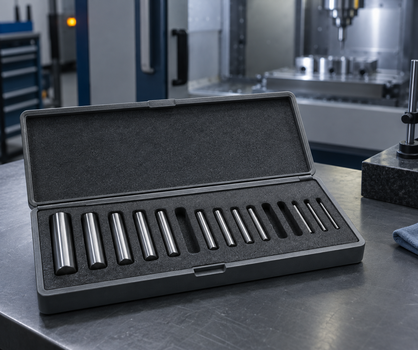 A grey foam-lined tray of steel pin gauges in graduated sizes on a workbench in a machining cell, with two slots empty