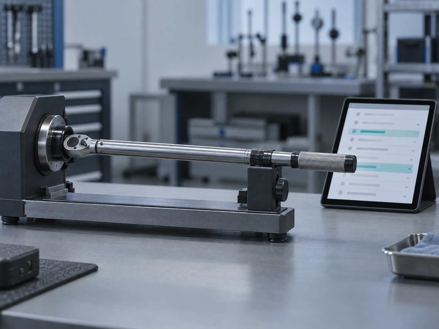 A click torque wrench clamped in a bench torque analyser in a calibration lab, with a tablet beside it showing a list with two highlighted rows