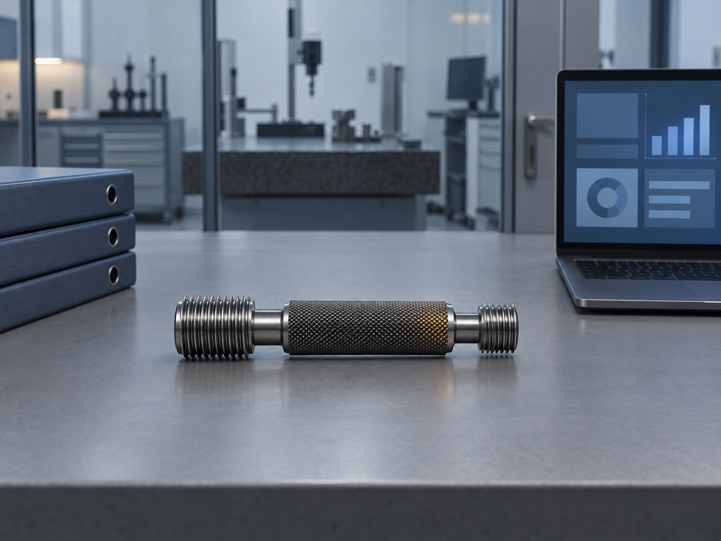 A thread plug gauge on a quality engineer's bench beside closed binders of past audit reports and a laptop showing an abstract calibration dashboard