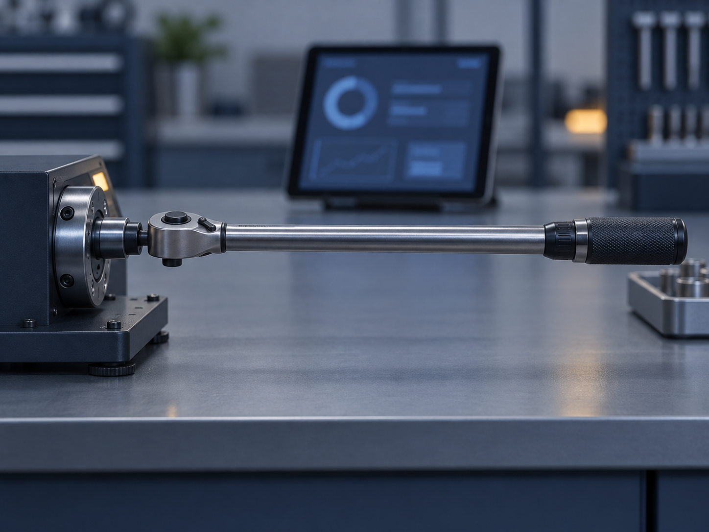 A click torque wrench engaged in a benchtop torque analyser in a calibration lab, with a tablet showing an abstract dashboard behind it