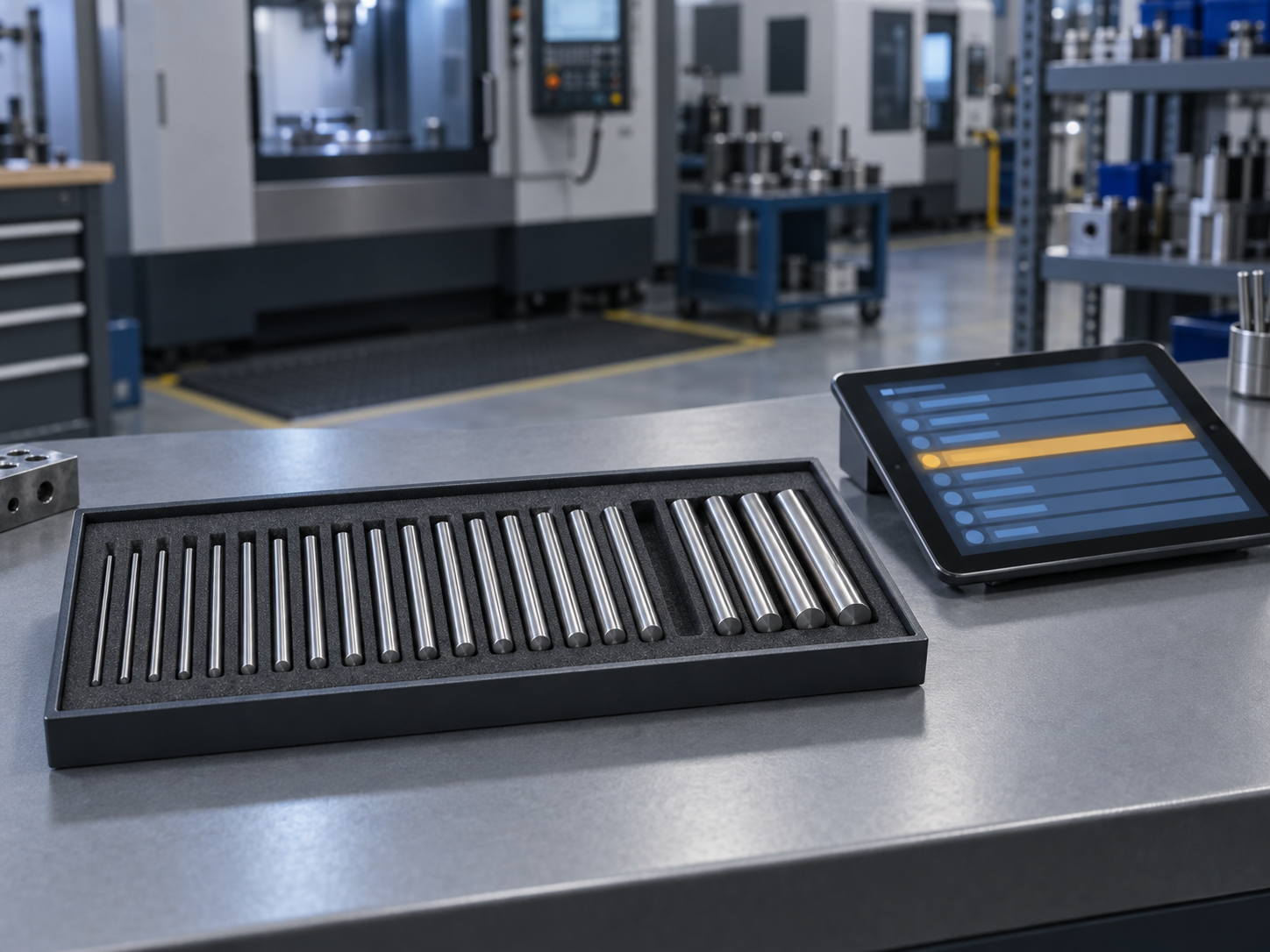 An open tray of steel pin gauges with one empty slot at a gauge issue counter, beside a tablet listing check-out records with one row highlighted