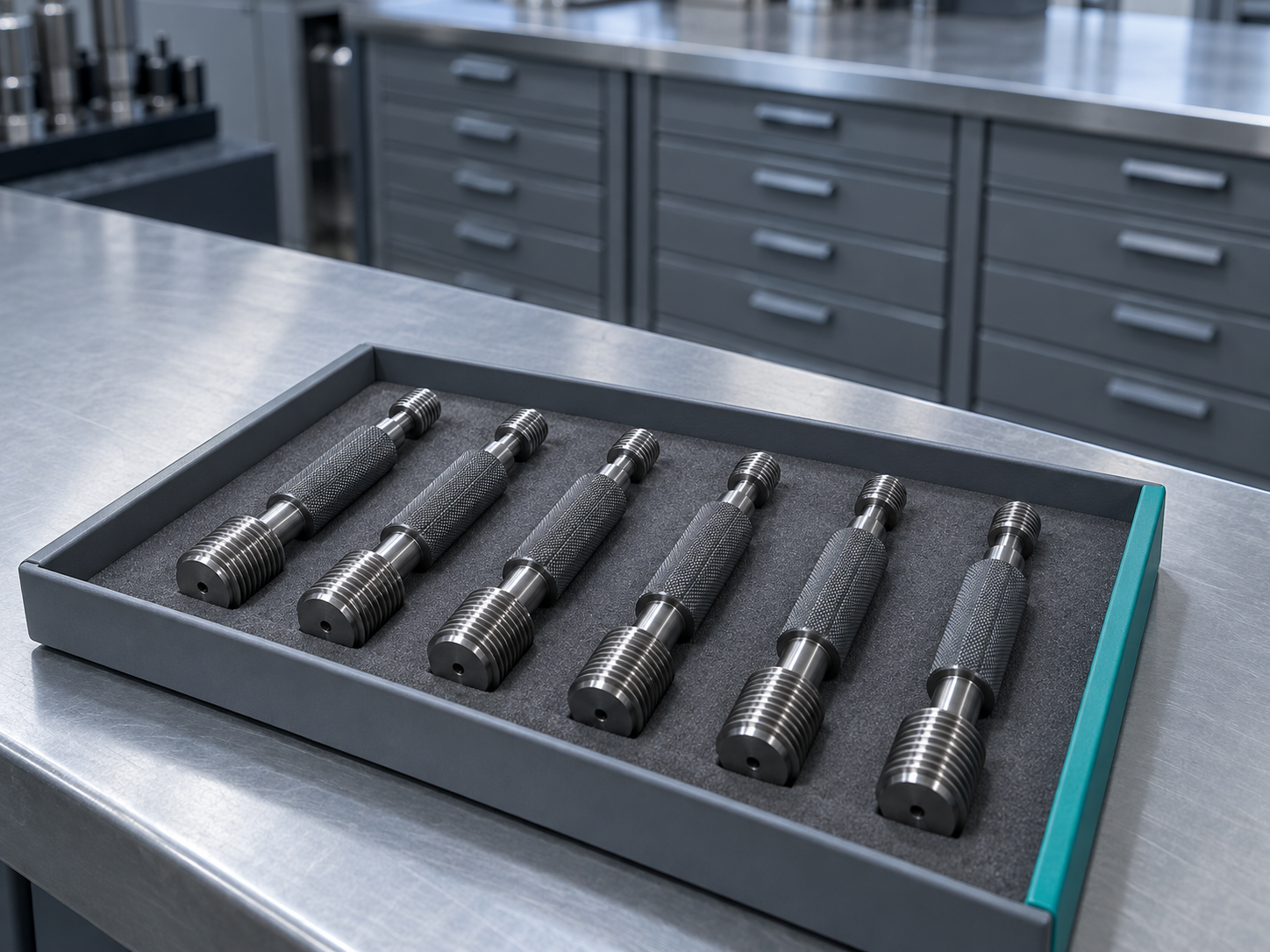 Steel thread plug gauges laid out in a foam tray on a gauge crib check-out counter