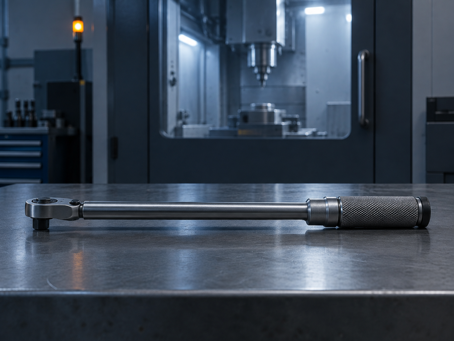 A click torque wrench lying on a machining-cell workbench during a night shift