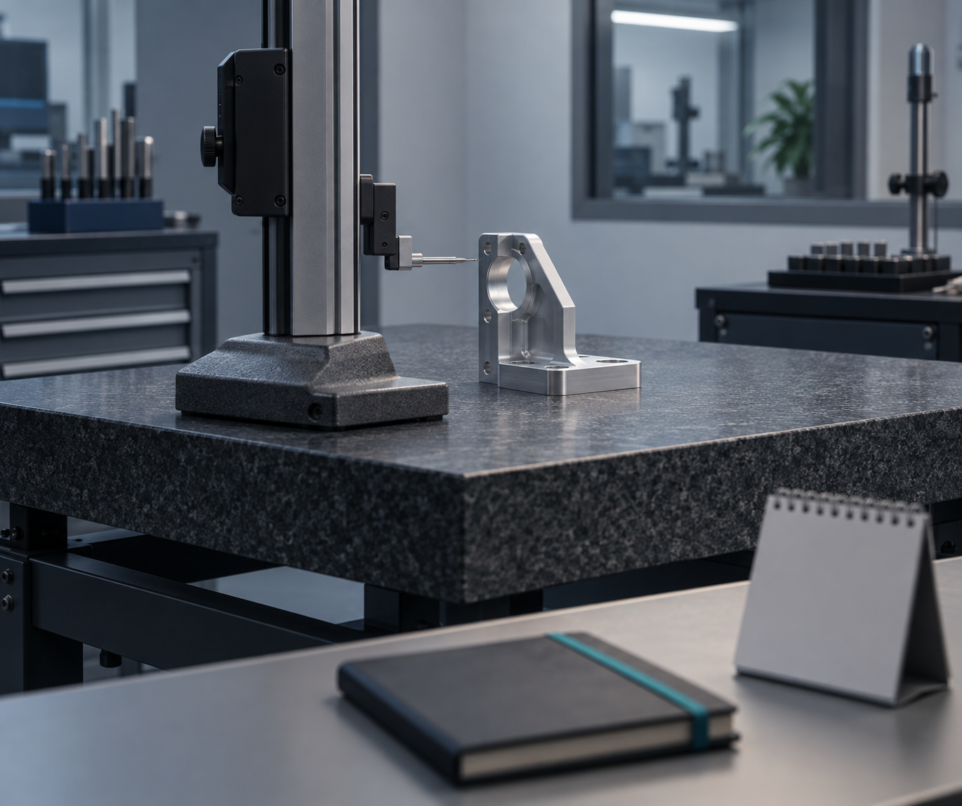 A height gauge on a granite surface plate in a metrology room, with a closed notebook and blank desk calendar in the foreground
