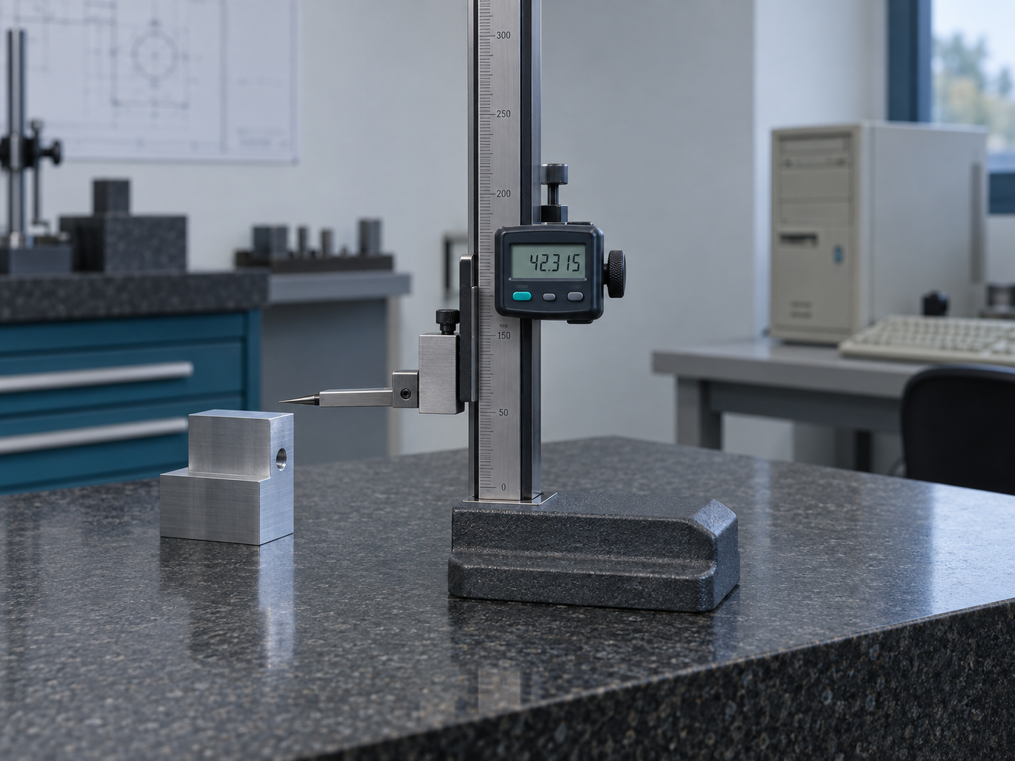 A digital height gauge on a granite surface plate in a metrology room, with an older desktop PC softly blurred in the background