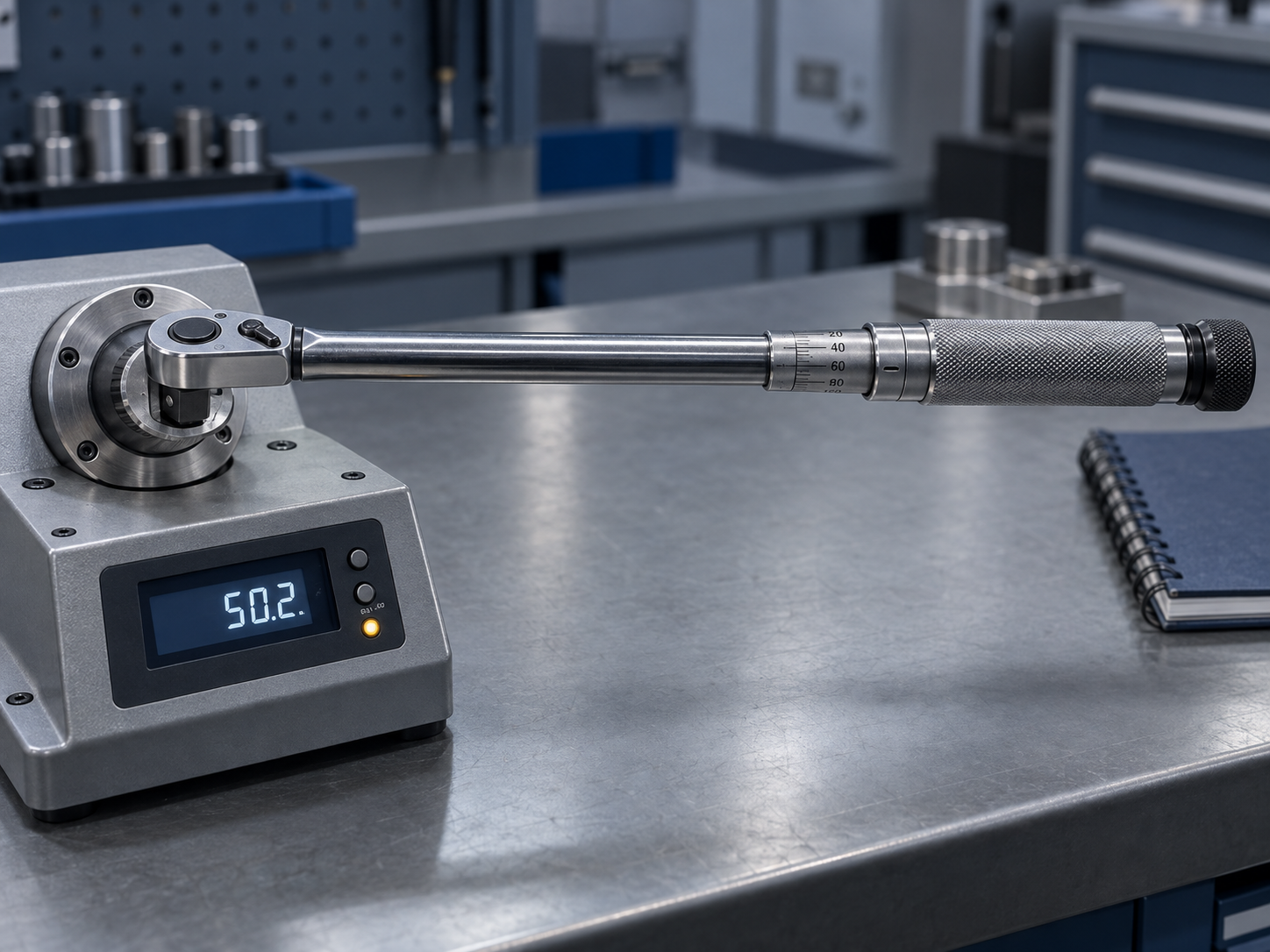 A click-type torque wrench mounted in a benchtop torque analyser showing a lit reading, with a closed logbook on the bench