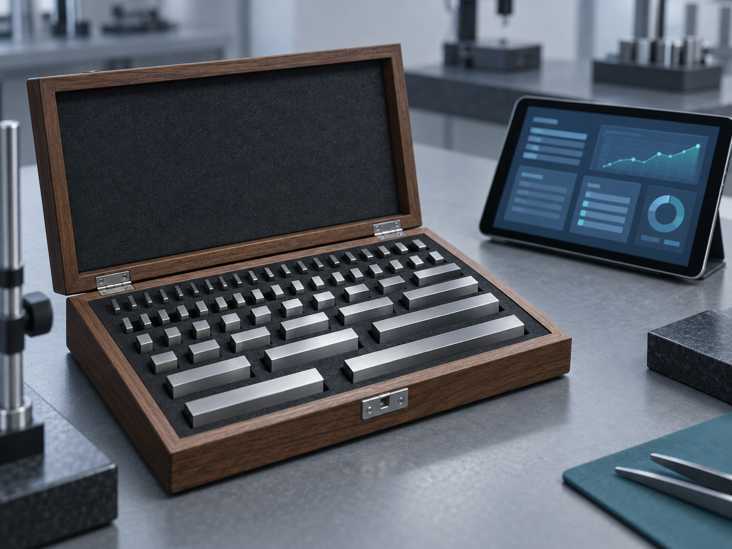 An open wooden case of steel gauge blocks on a workbench beside a tablet showing an organized dashboard