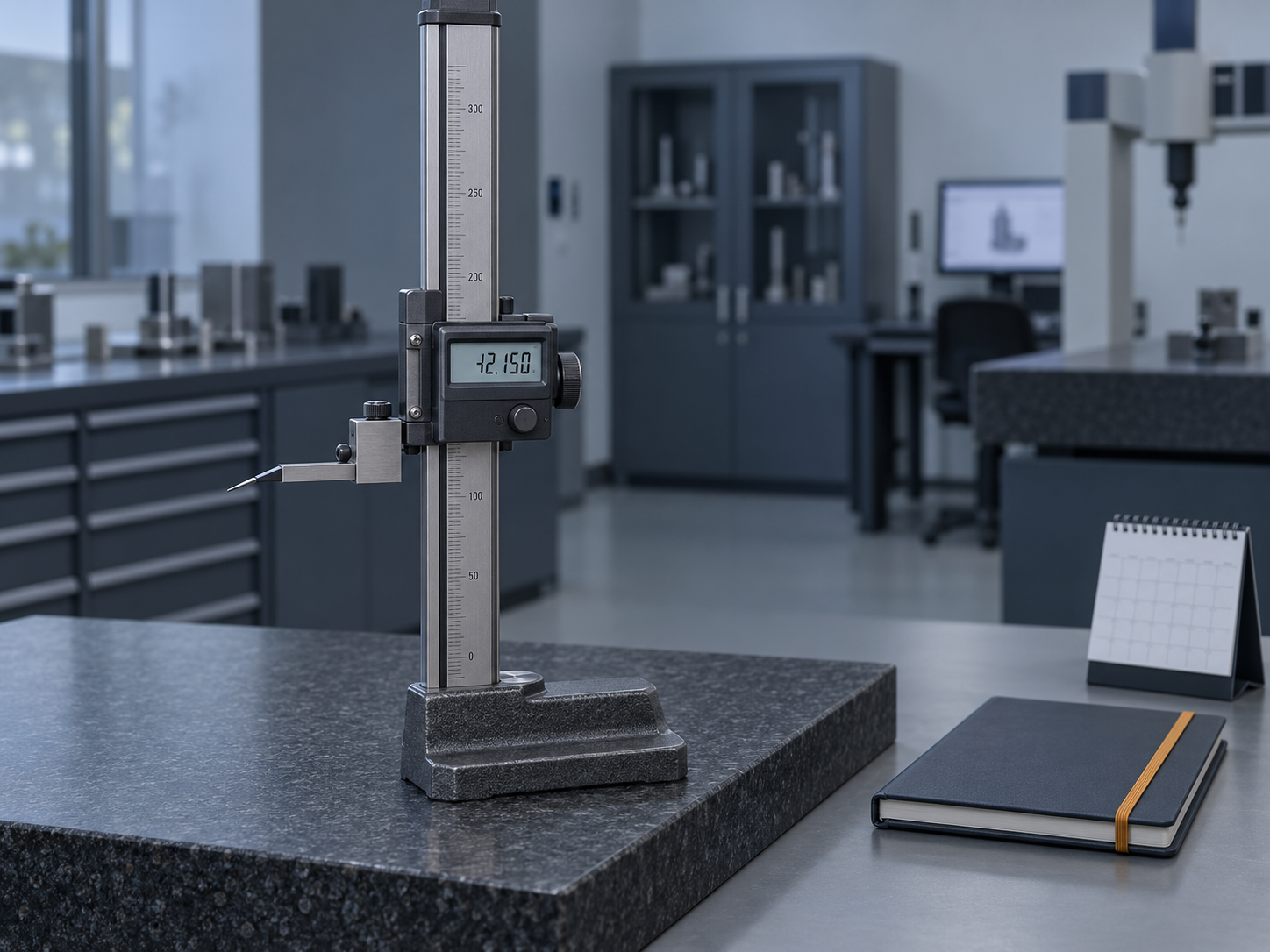 A digital height gauge on a granite surface plate in a metrology room, beside a closed notebook and a desk calendar
