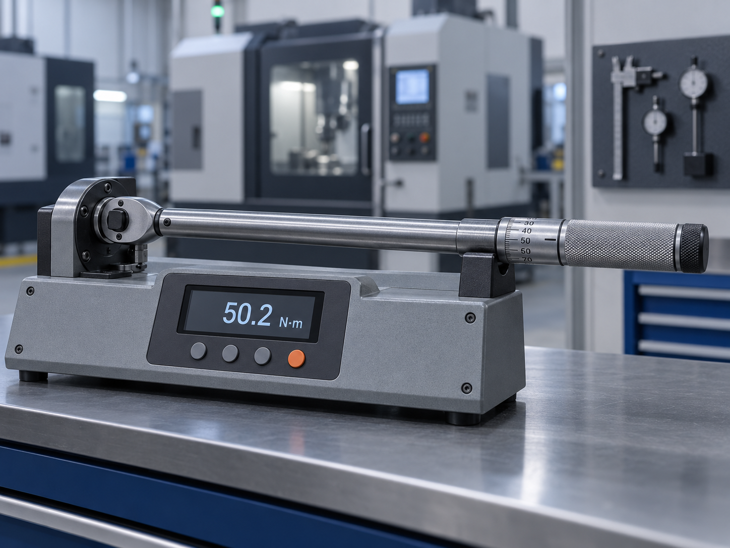 A click torque wrench seated in a benchtop torque analyser at the edge of a machining cell, display reading 50.2 N·m