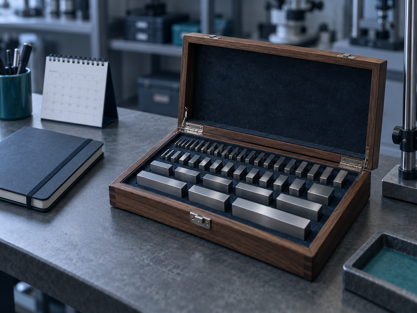 An open wooden case of steel gauge blocks on a workbench, beside a closed notebook and a desk calendar
