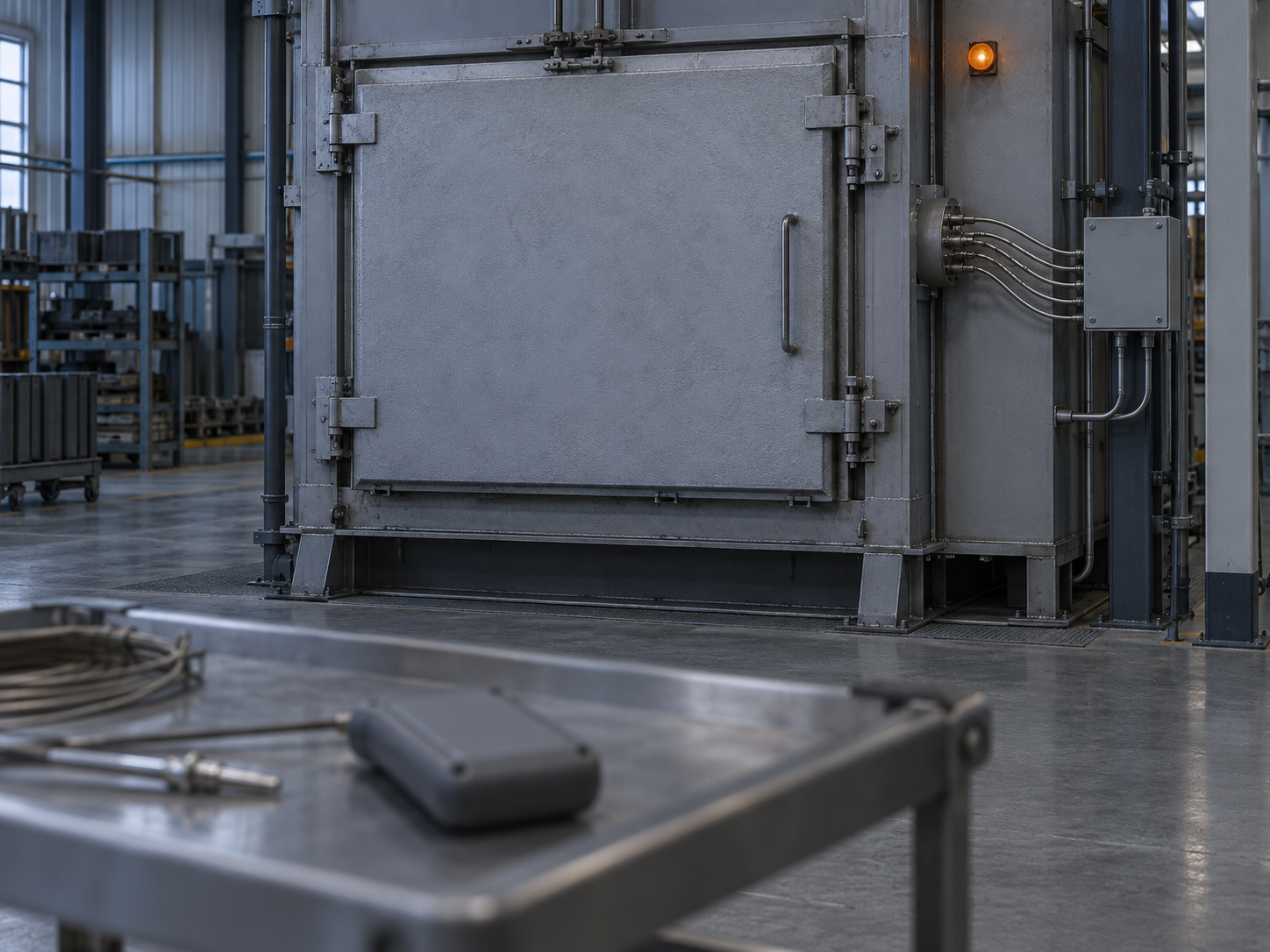 A heat-treat furnace with sheathed thermocouples entering through the side wall, and a field test instrument on a cart in the foreground