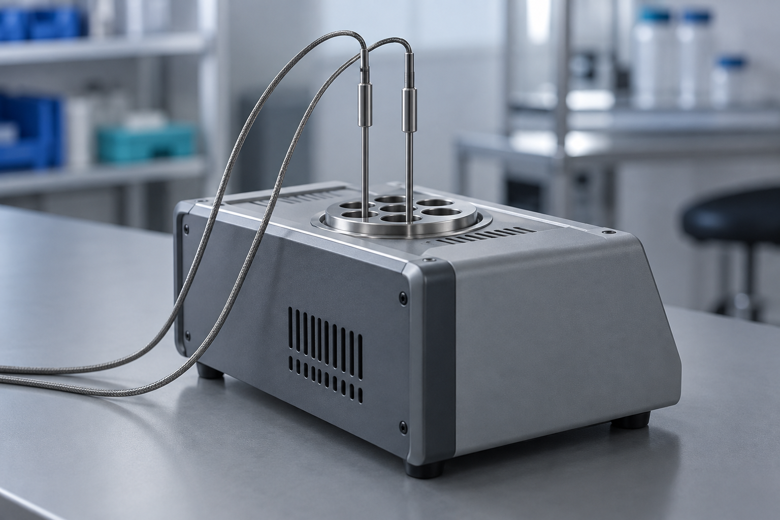 A dry-block temperature calibrator with two sheathed thermocouple probes inserted in its heating block
