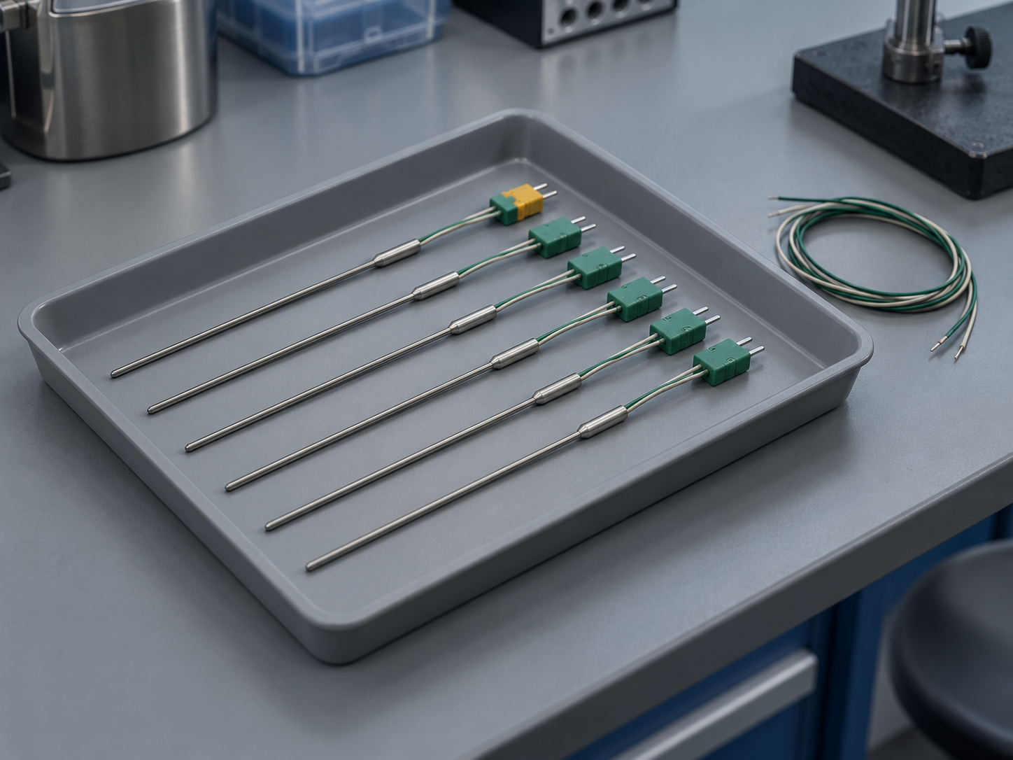 A tray of new type K mineral-insulated thermocouples laid out on a lab bench before first use