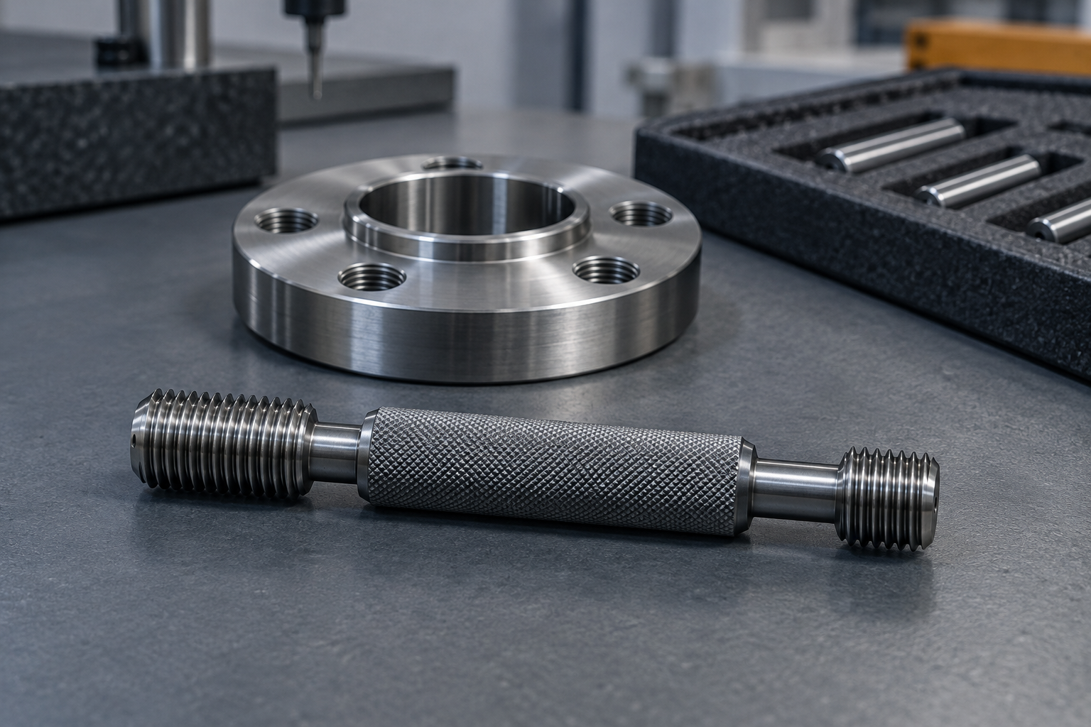 A double-ended thread plug gauge with GO and NO-GO ends on an inspection bench beside a machined flange with tapped holes