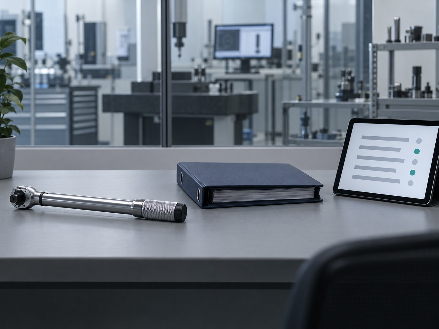 A torque wrench, a closed blue binder and a tablet showing an abstract checklist on a desk beside a calibration lab