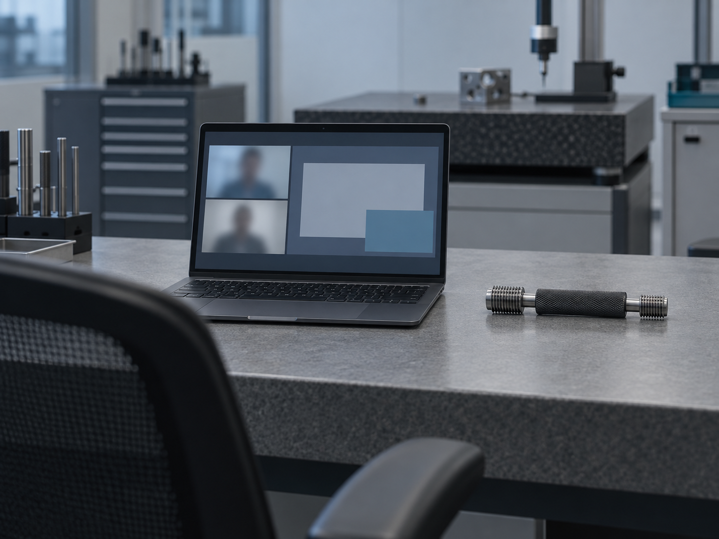 A laptop on a metrology-room bench showing a video call with a shared screen, a thread plug gauge lying beside it