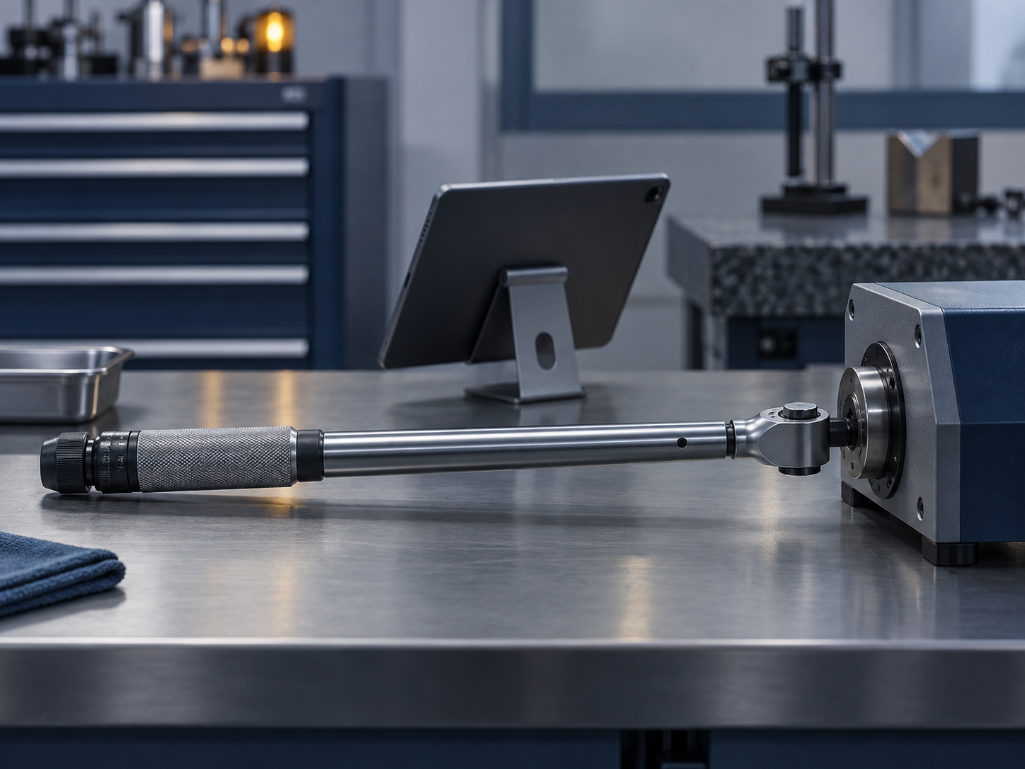 A click torque wrench engaged in a benchtop torque analyser, with a tablet on a stand beside it ready to show the tool to a remote auditor