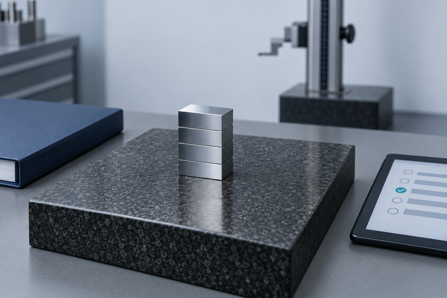 A stack of wrung ground-steel gauge blocks on a granite surface plate, a closed binder on one side and a tablet showing an organised checklist on the other