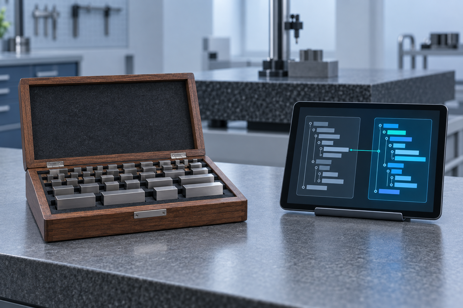 An open wooden case of steel gauge blocks on an inspection bench beside a tablet showing two versions of a structured certificate linked together