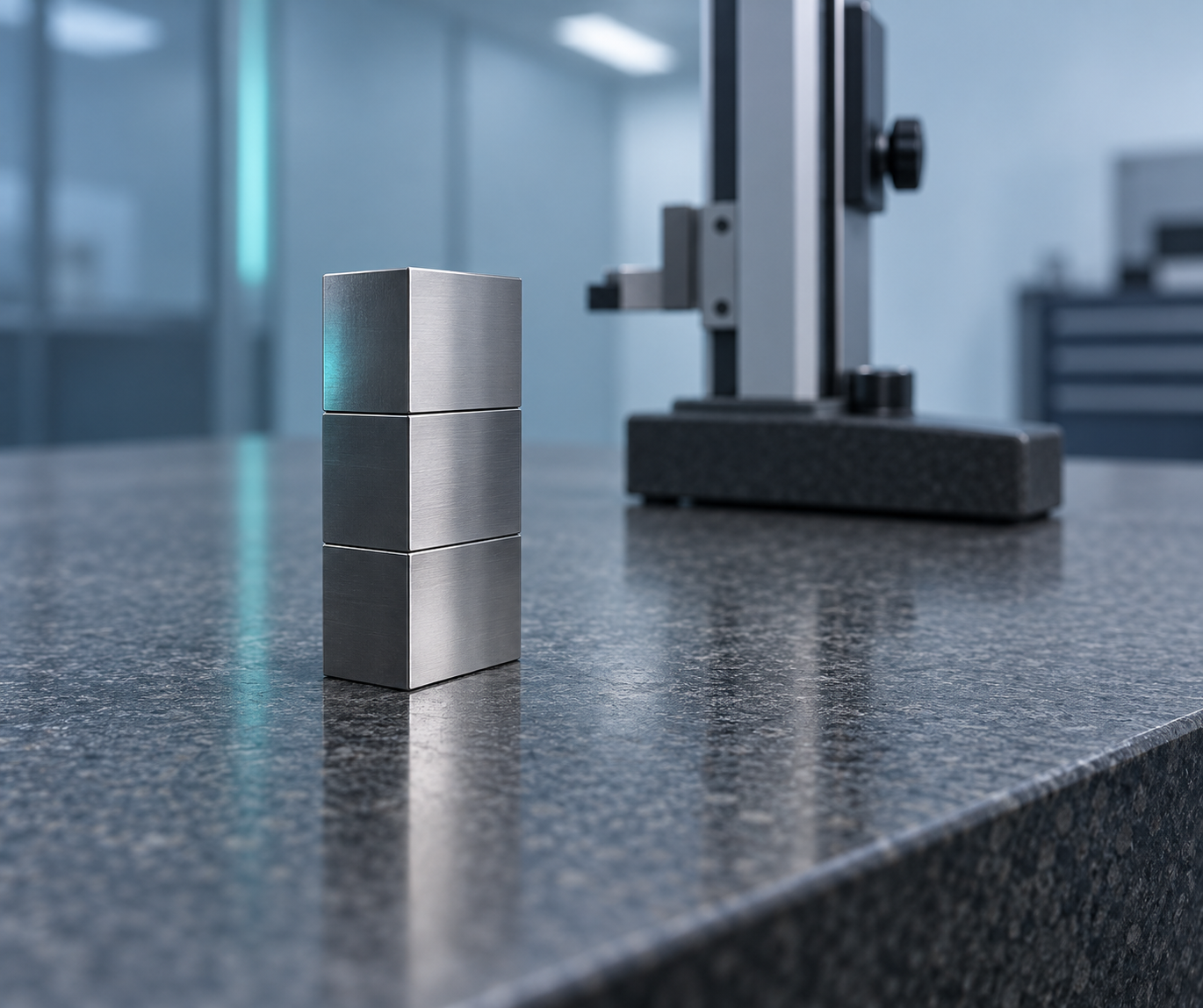 A stack of three ground steel gauge blocks wrung together on a granite surface plate, with a height gauge column softly blurred behind