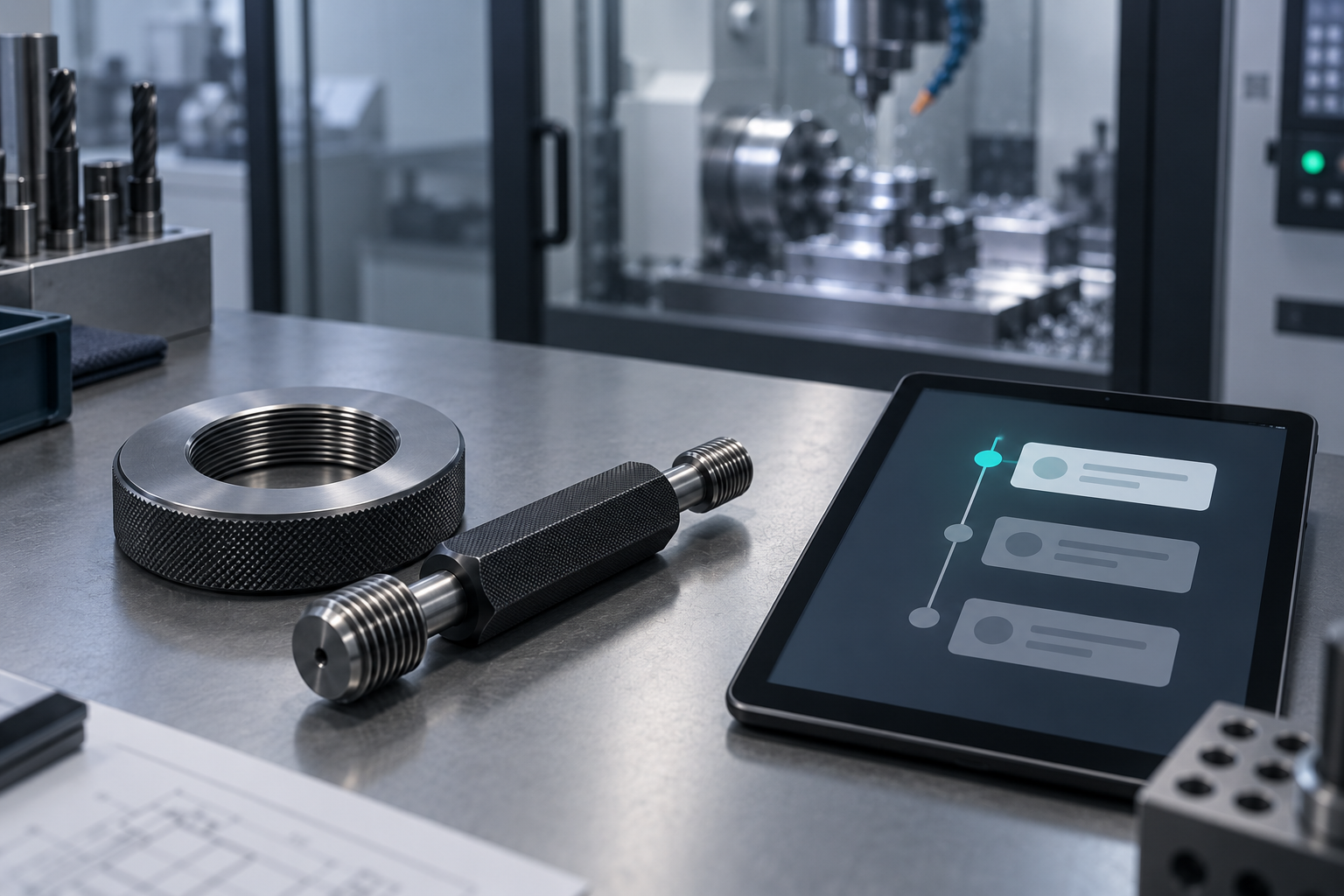 A thread ring gauge and a thread plug gauge on a bench beside a tablet showing a vertical version history of three linked records