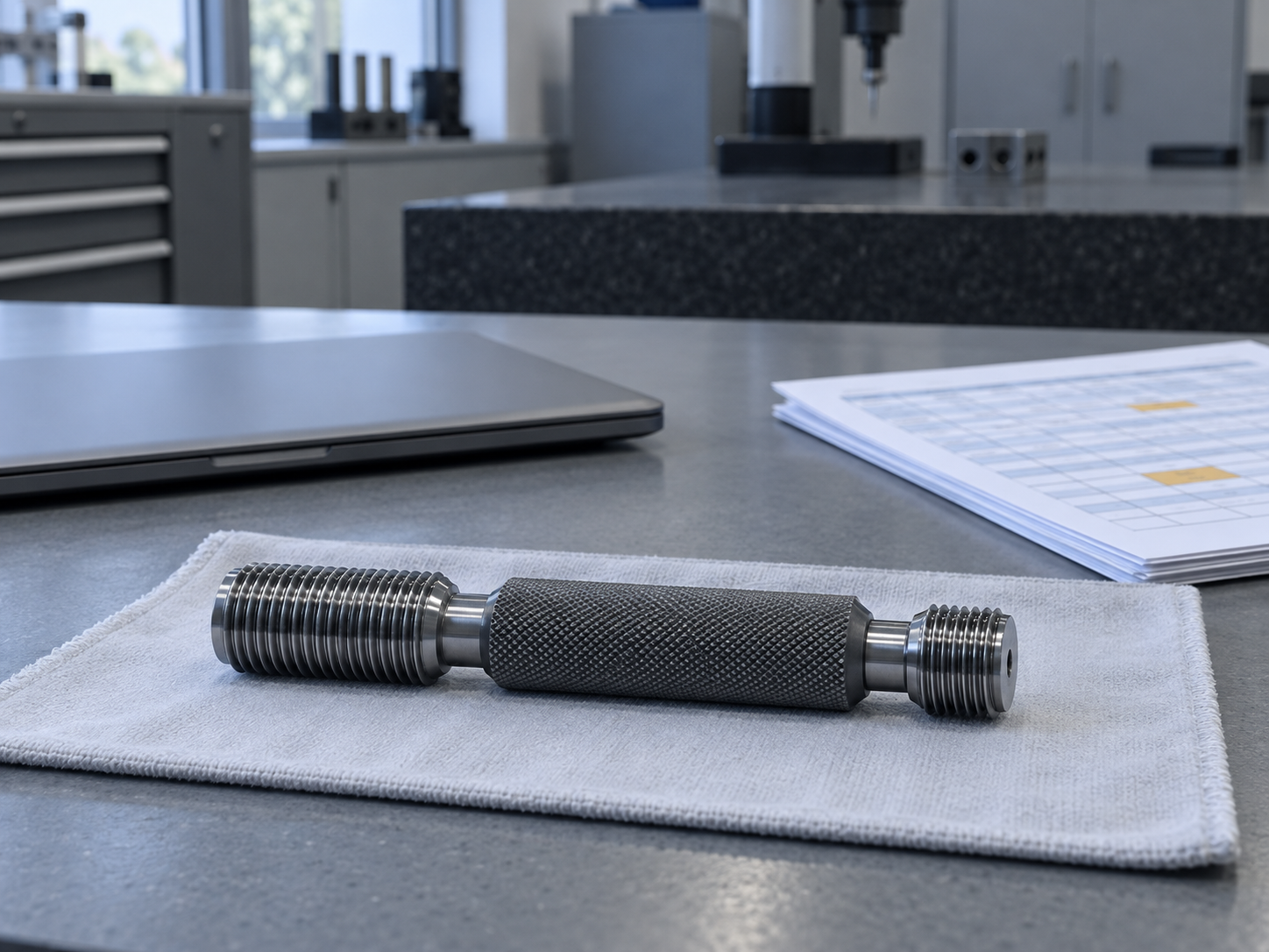 A thread plug gauge on a cleaning cloth in a metrology room, with a closed laptop and a printed spreadsheet grid behind it