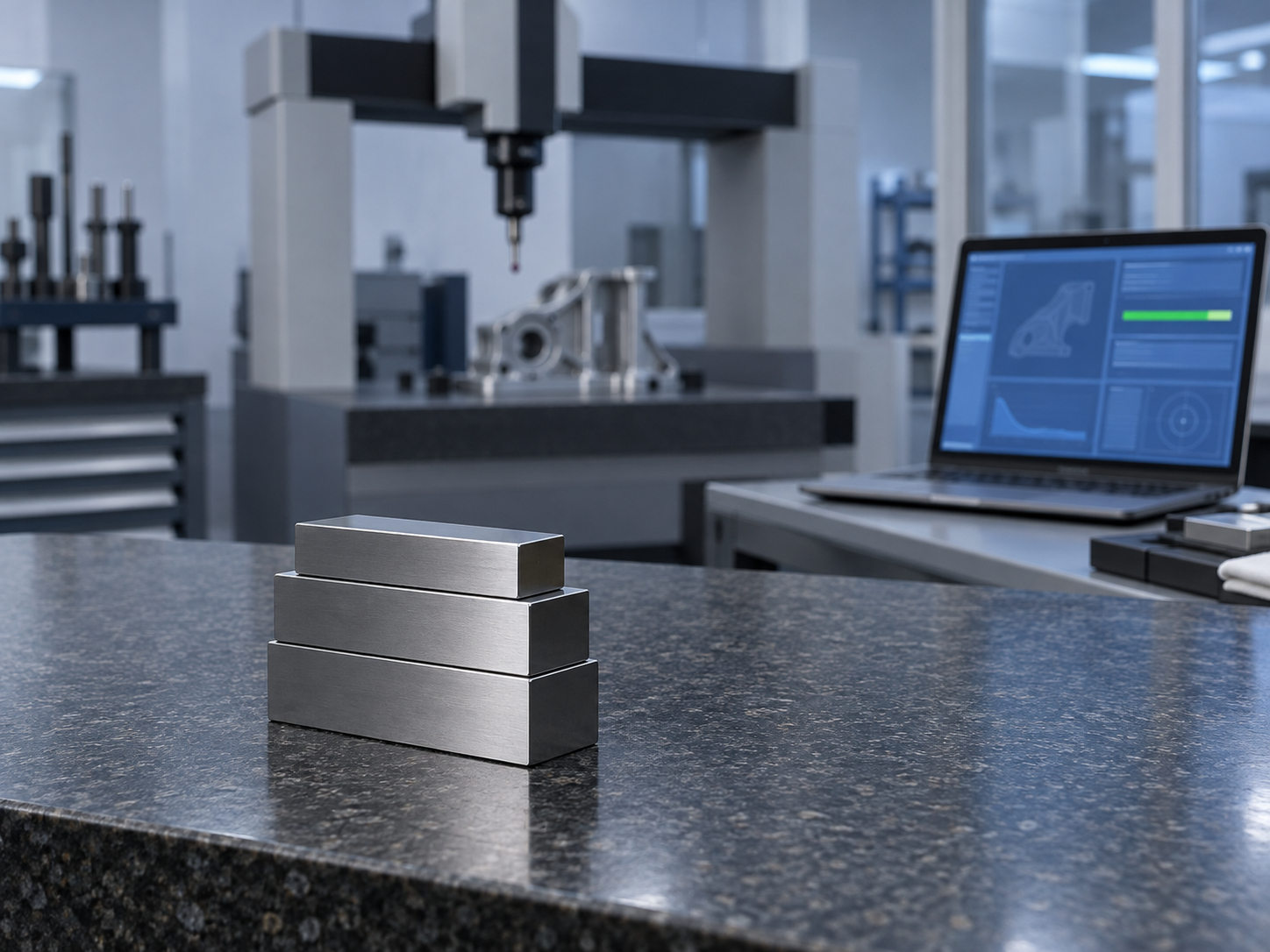Three plain steel gauge blocks wrung together on a granite surface plate, with a laptop showing an abstract dashboard and a green status bar behind them