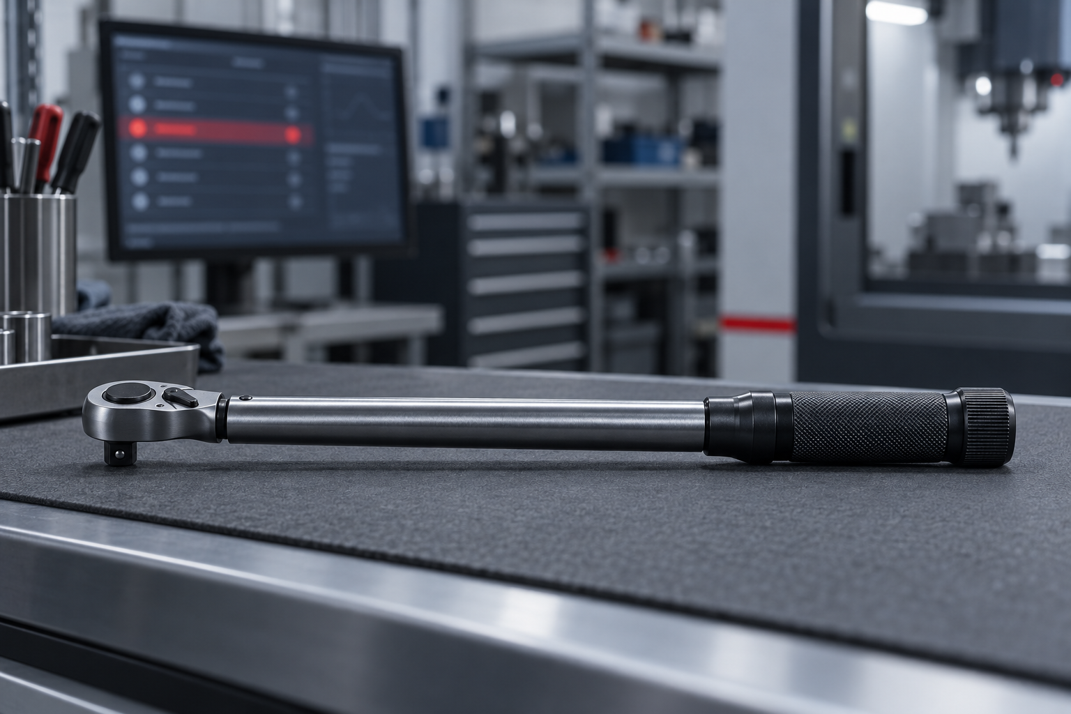 A click torque wrench lying on a tool-crib counter, with a monitor behind it showing an abstract list where one row is highlighted red