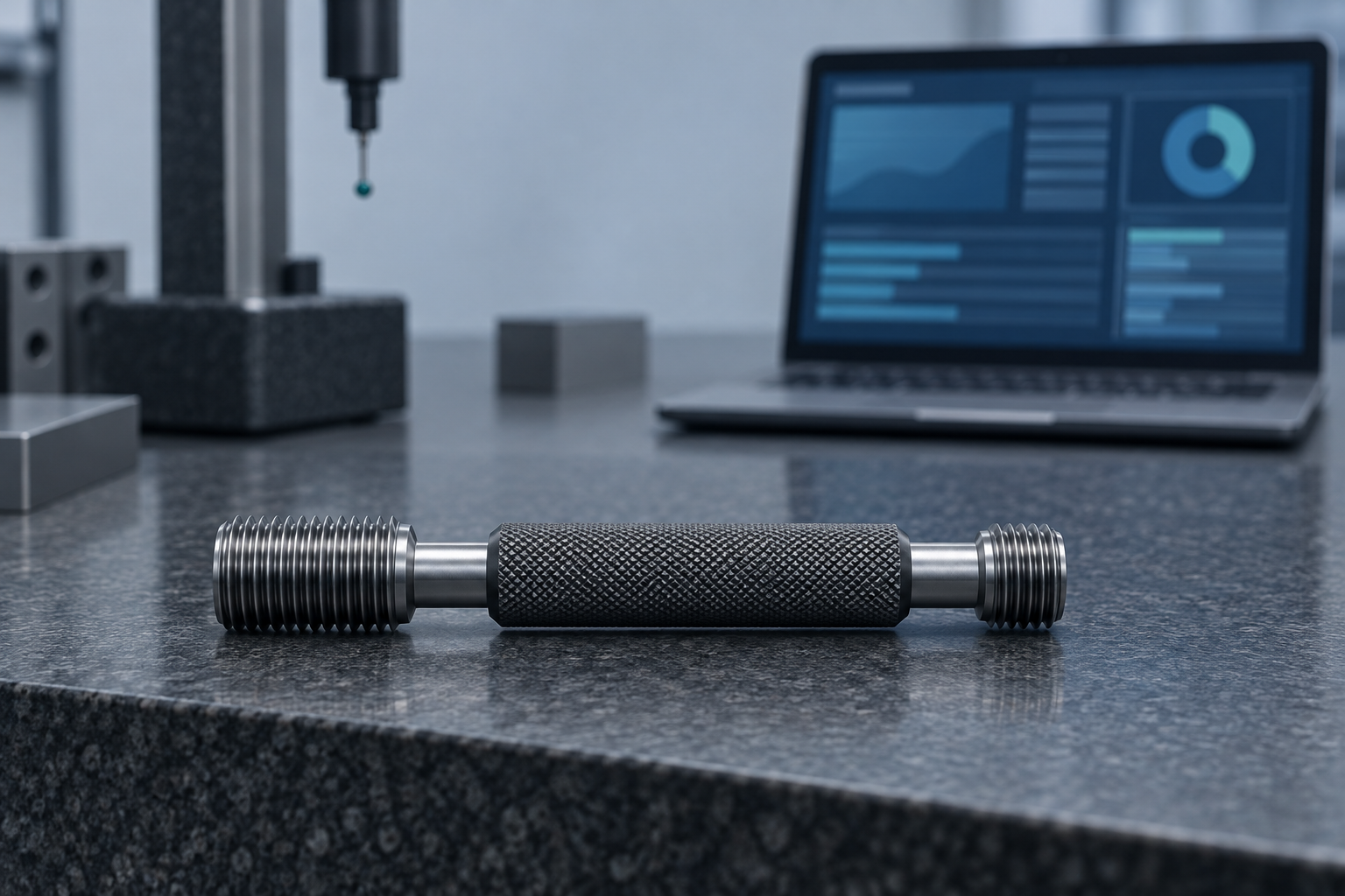 A thread plug gauge with GO and NO-GO ends on a granite surface plate, with a laptop showing a calibration dashboard behind it