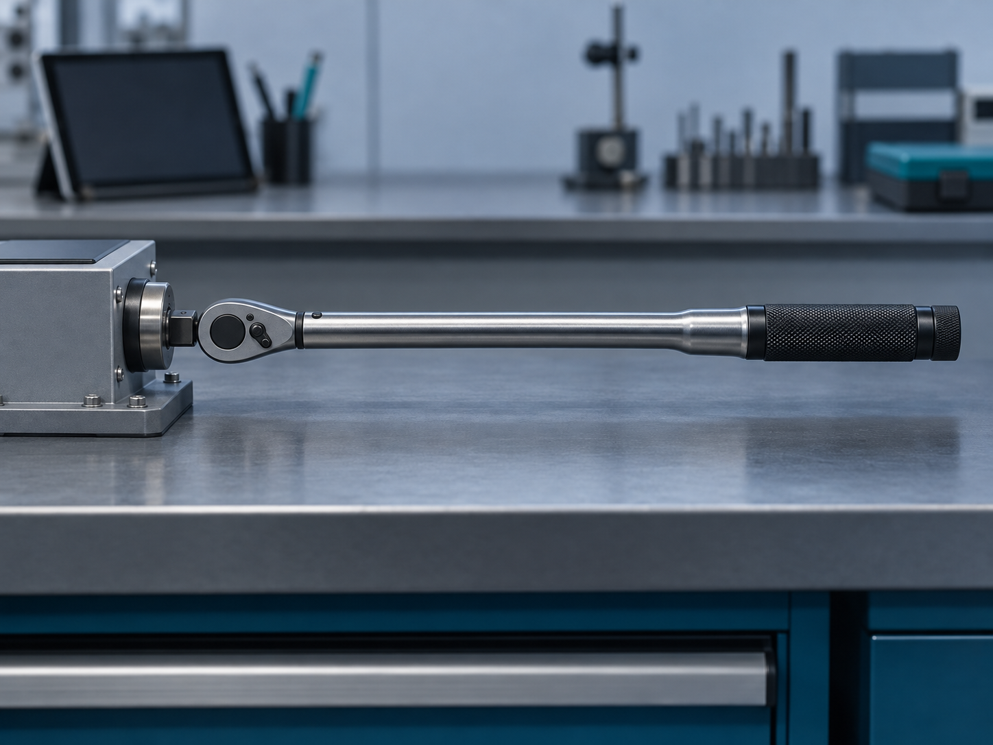 A click torque wrench clamped into a benchtop torque analyser on a lab workbench, seen from the side