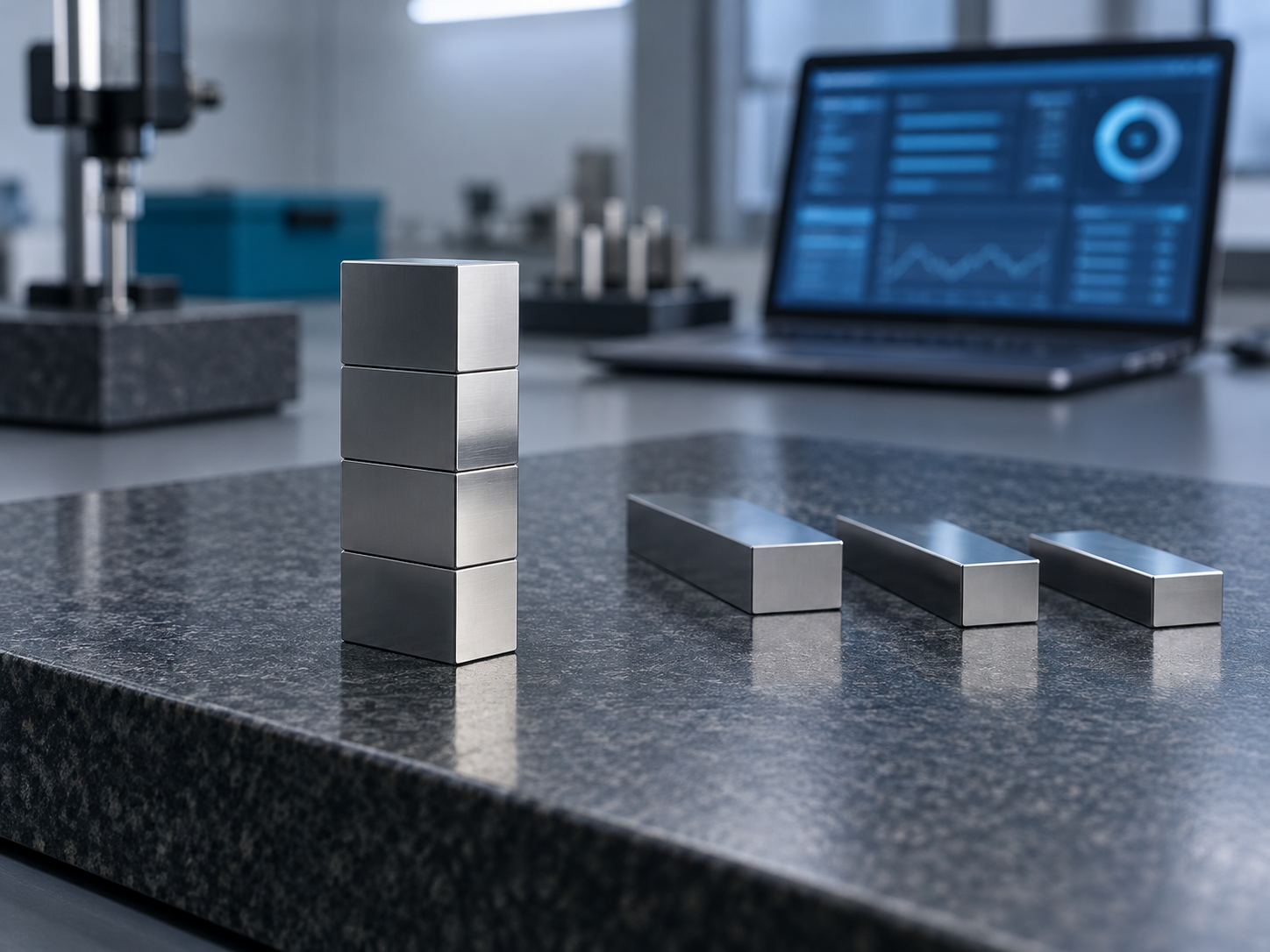 A stack of steel gauge blocks wrung together on a granite surface plate, with loose blocks laid beside it