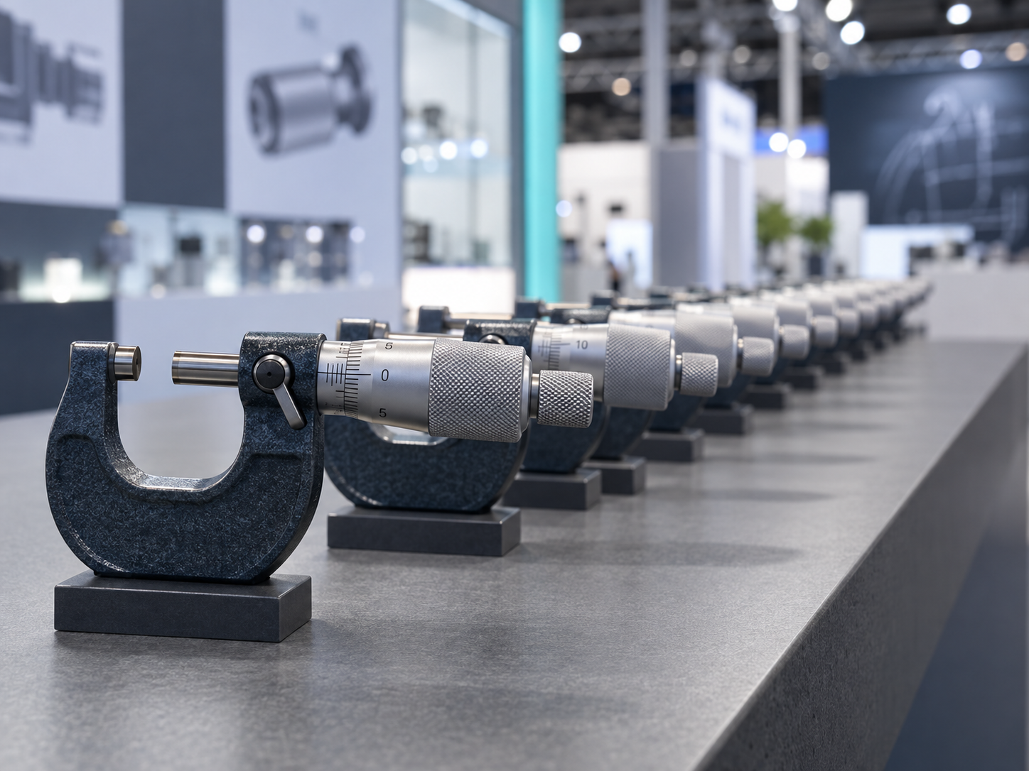 A long inspection bench with a receding row of visually identical outside micrometers, indistinguishable from one another
