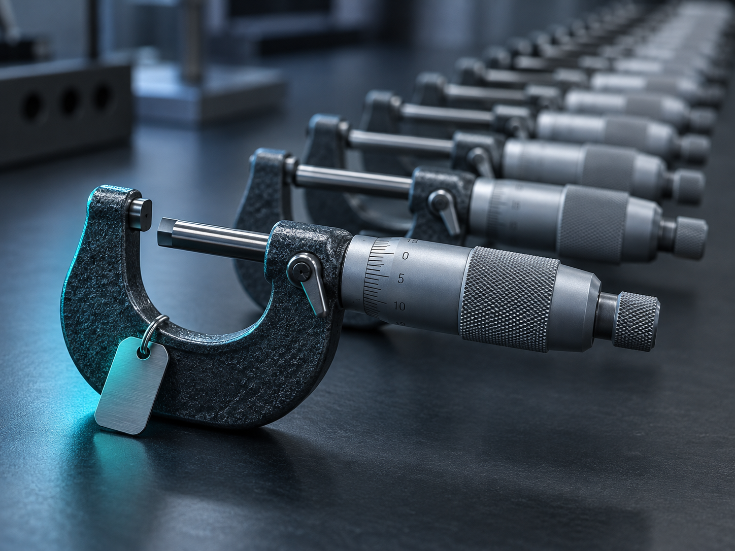 A single micrometer lifted from a blurred row of identical instruments, marked out by a subtle accent light and a blank asset tag