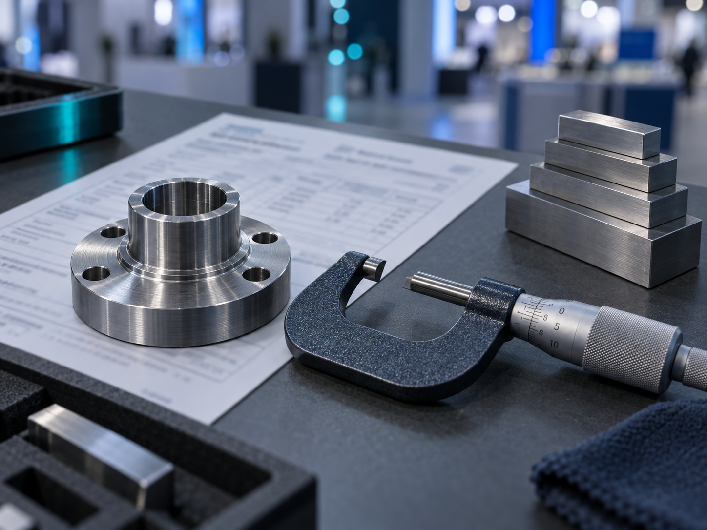 A machined part beside a single micrometer and a step of gauge blocks, suggesting a measured part linked back to the exact instrument that measured it