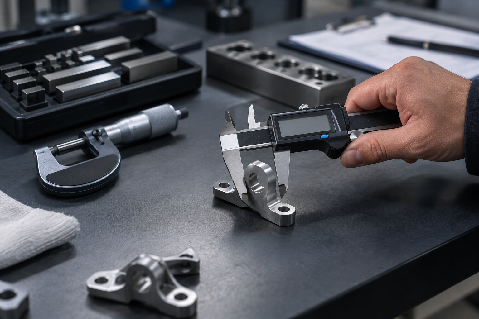 A Gage R&R study in progress: a hand closing a digital caliper on a machined automotive bracket, with a micrometer and gauge blocks staged on a neutral inspection bench.