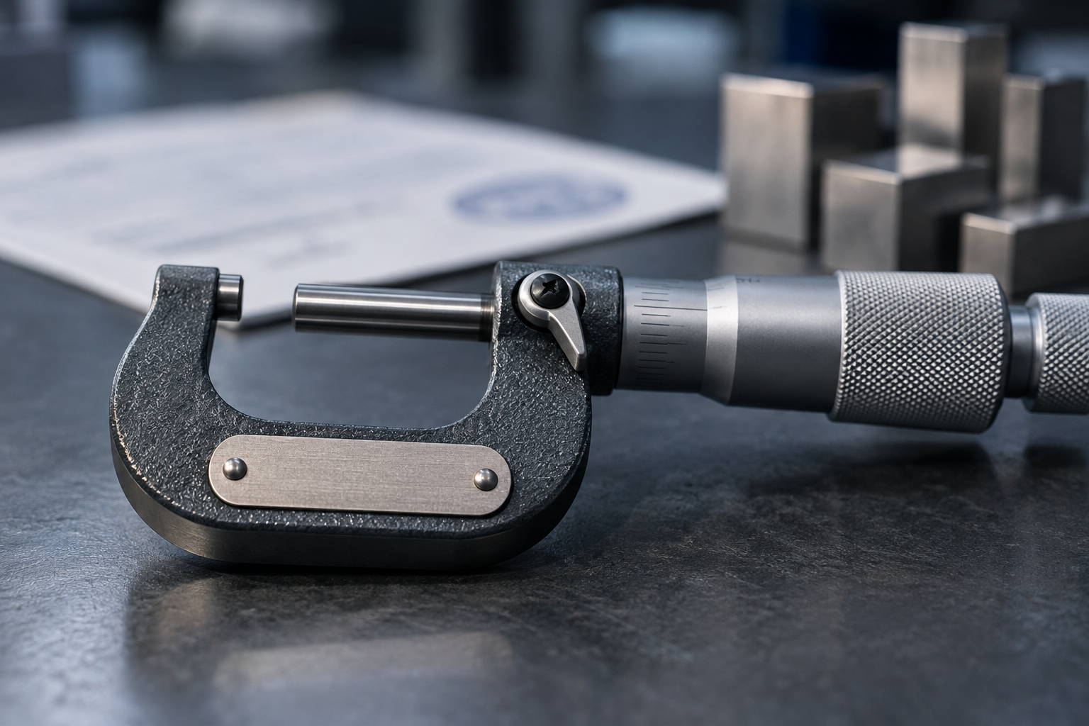 Extreme macro of a precision micrometer on an inspection bench, focus on the engraved serial-number area of the frame, with a calibration certificate softly blurred behind it.