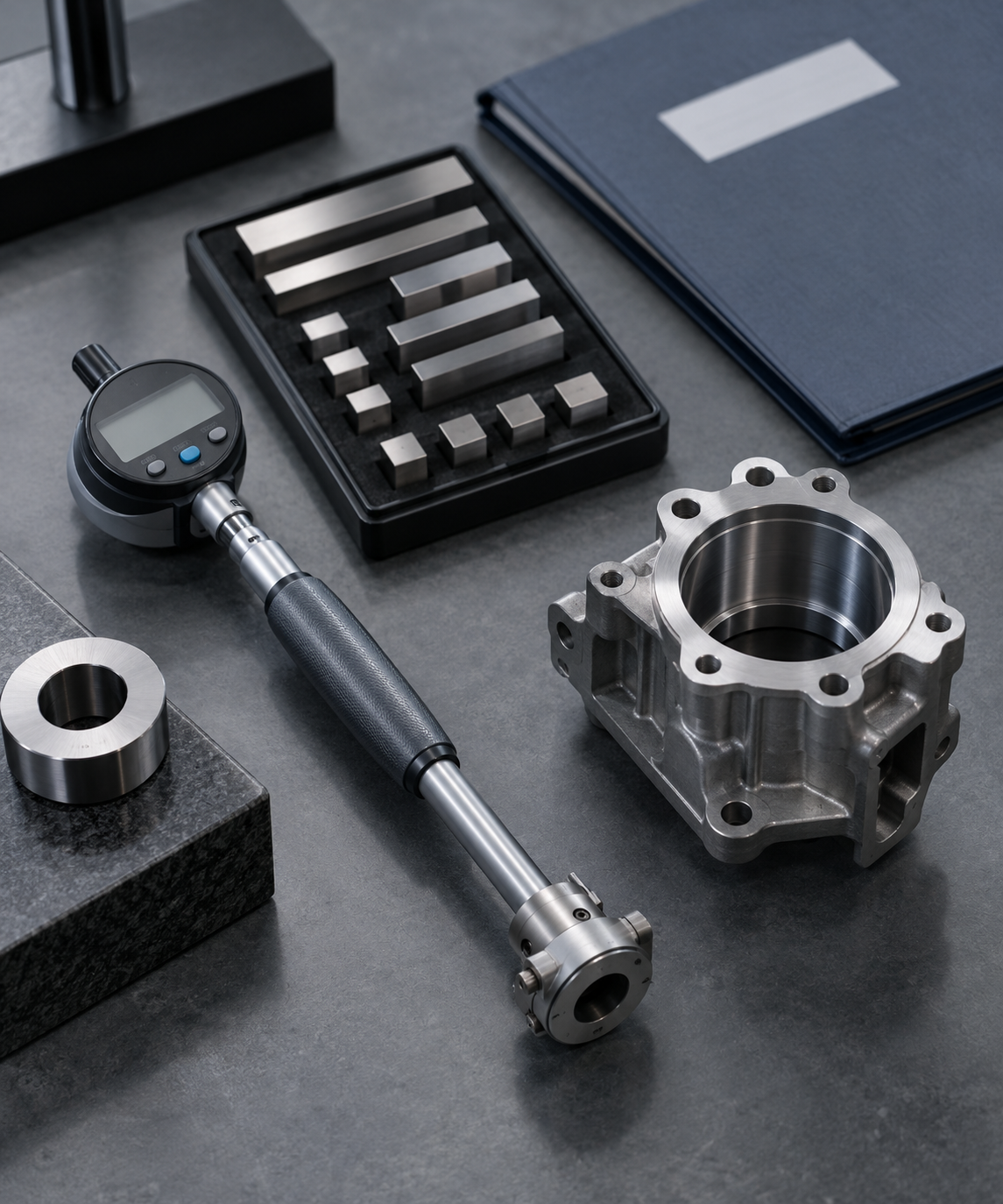 Audit-evidence still life: a bore gauge and graded gauge blocks arranged beside a machined component and a closed calibration certificate folder on a neutral inspection bench.