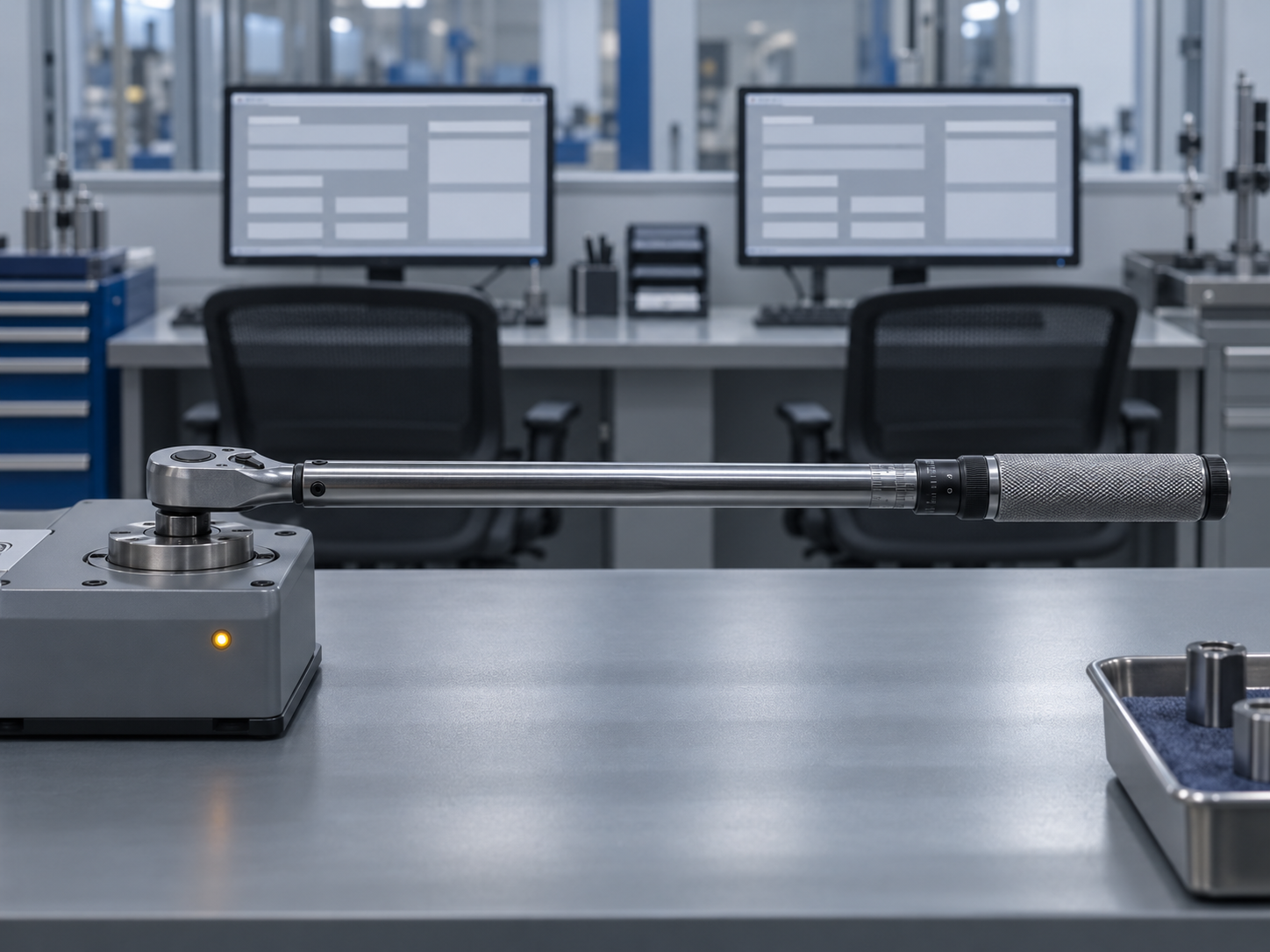 Click torque wrench on a torque analyser in a calibration lab, with two workstations behind it showing the same blank data-entry form