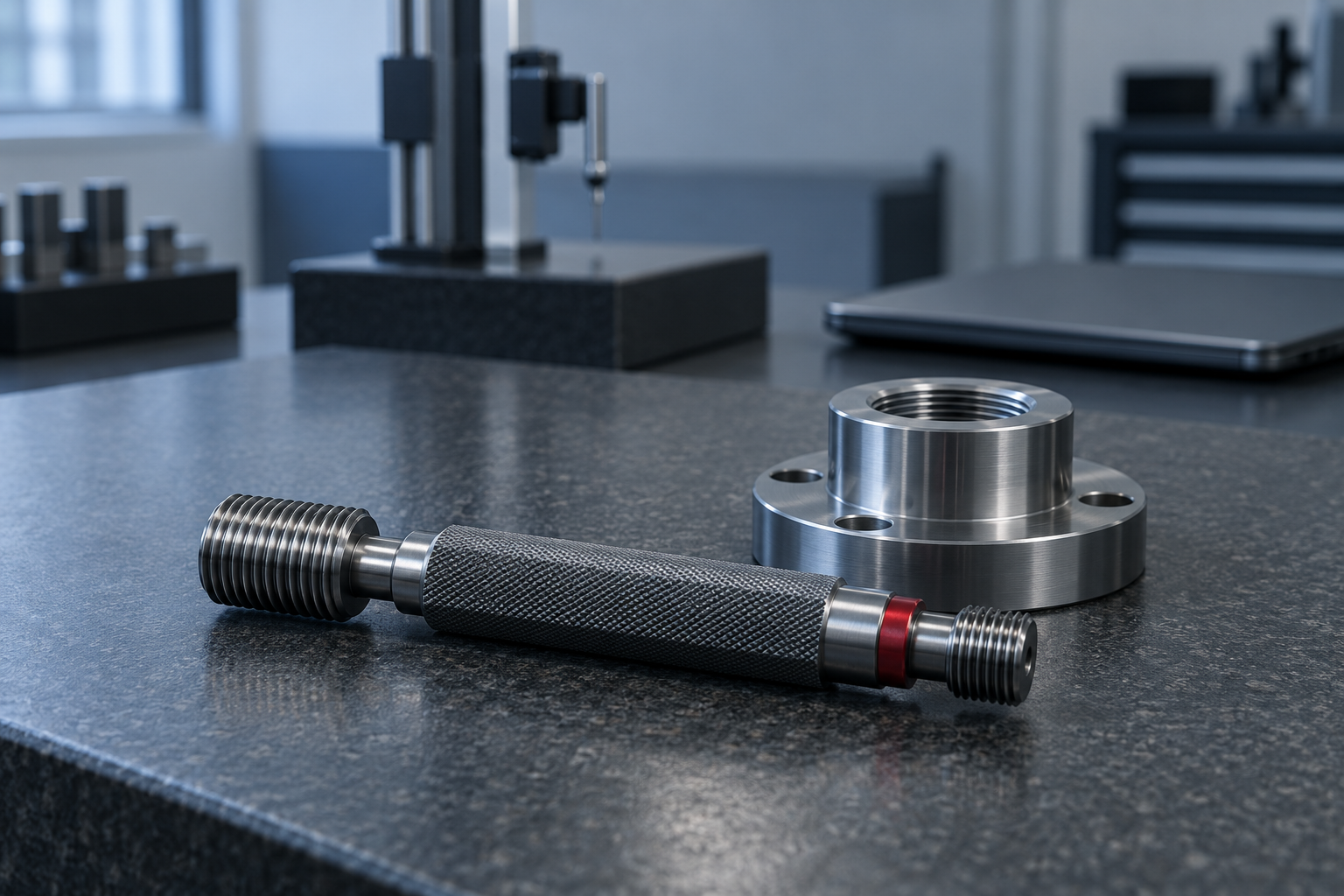 Double-ended thread plug gauge with GO and NO-GO threaded ends lying on a granite surface plate beside a machined part with a threaded bore