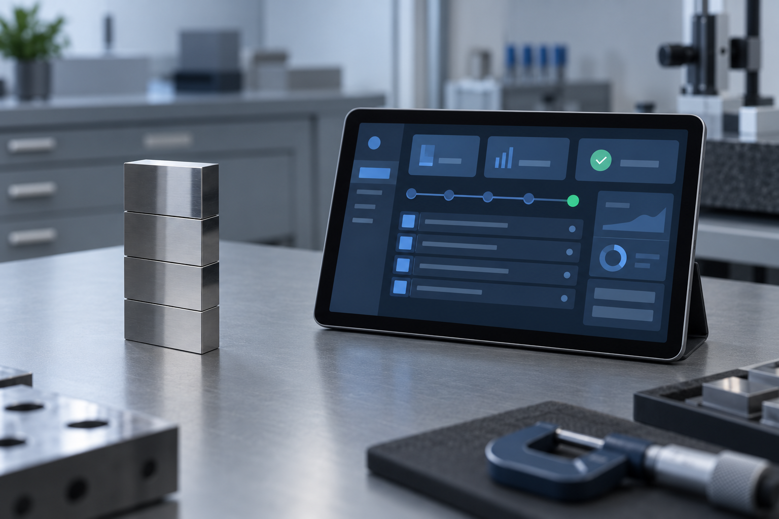 Stack of wrung steel gauge blocks on a workbench beside a tablet showing an organised dashboard with a timeline of record entries