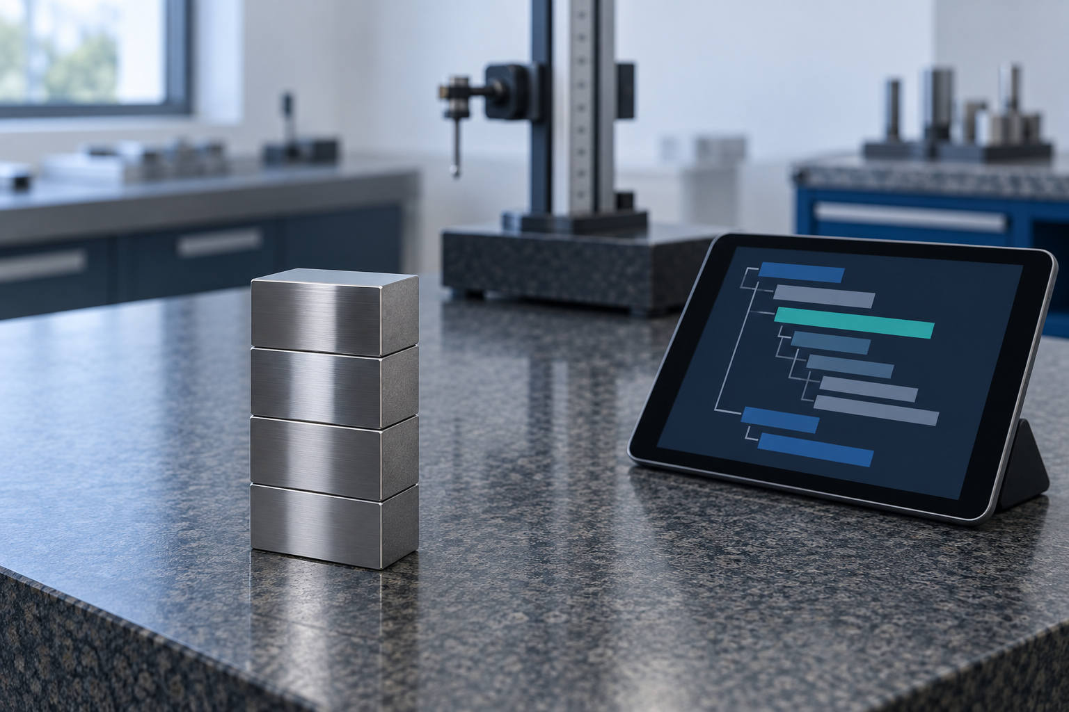 Wrung steel gauge blocks on a granite surface plate beside a tablet showing an abstract structured certificate layout