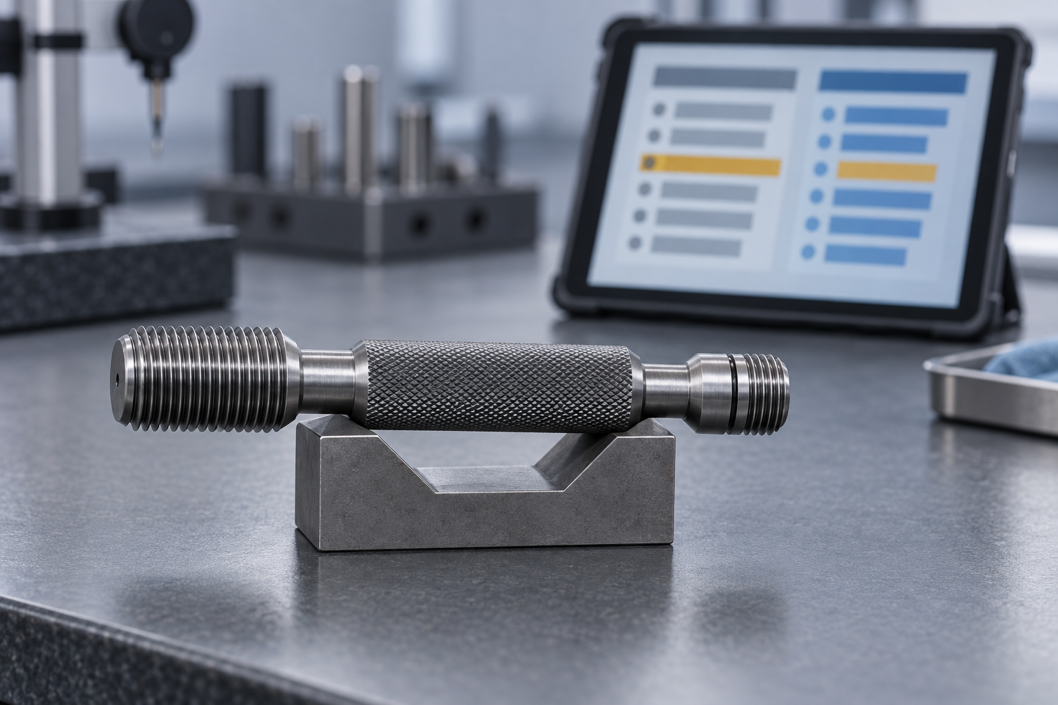 Double-ended thread plug gauge with GO and NO-GO ends resting on a V-block, a tablet behind it showing a two-column comparison with one row highlighted