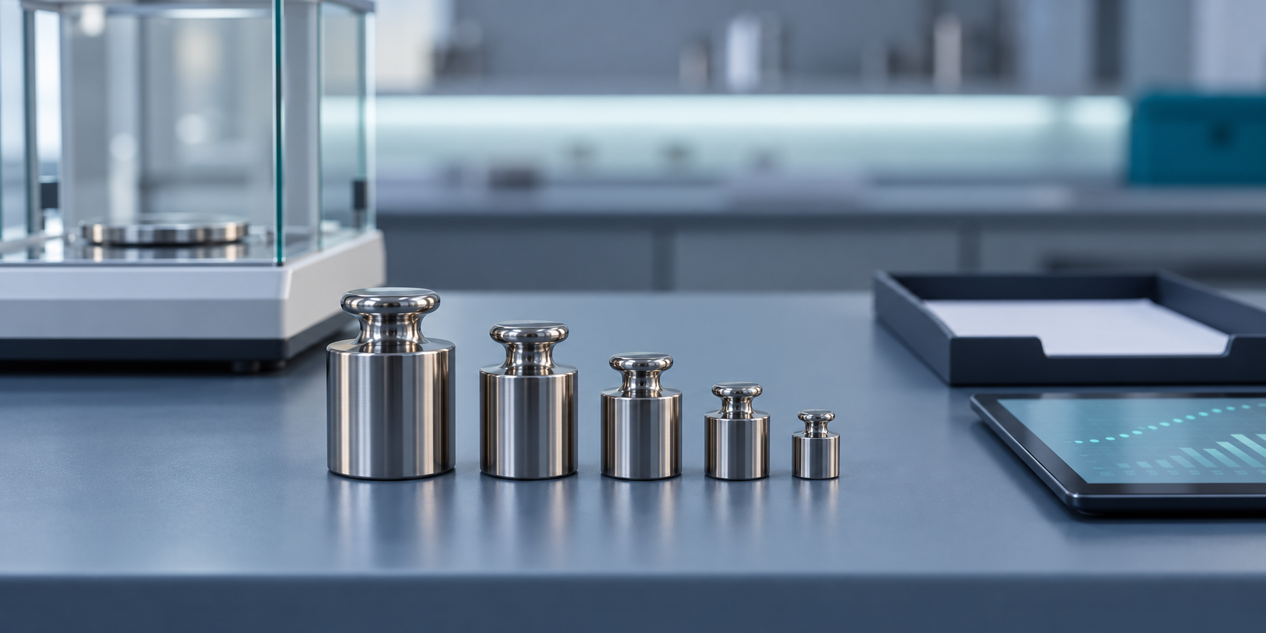 A row of stainless-steel reference weights on a calibration bench beside a balance, a document tray and a tablet